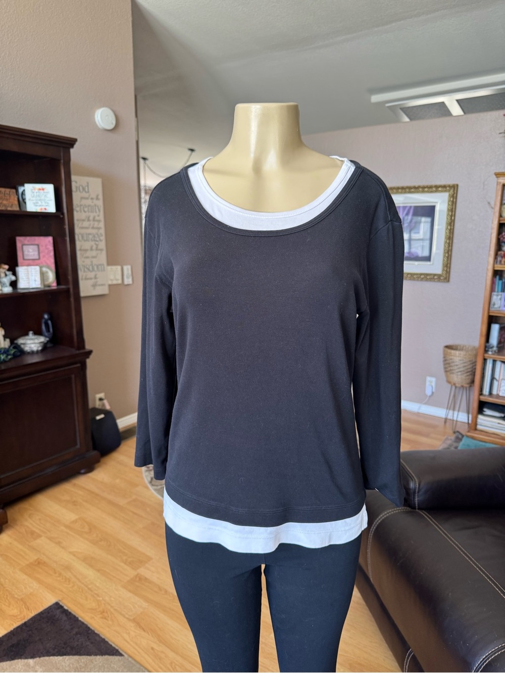 Chico’s layered look black blouse w/white trim-size M